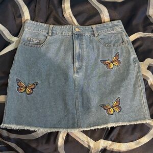 Butterfly Embroidered Denim A-Line Skirt